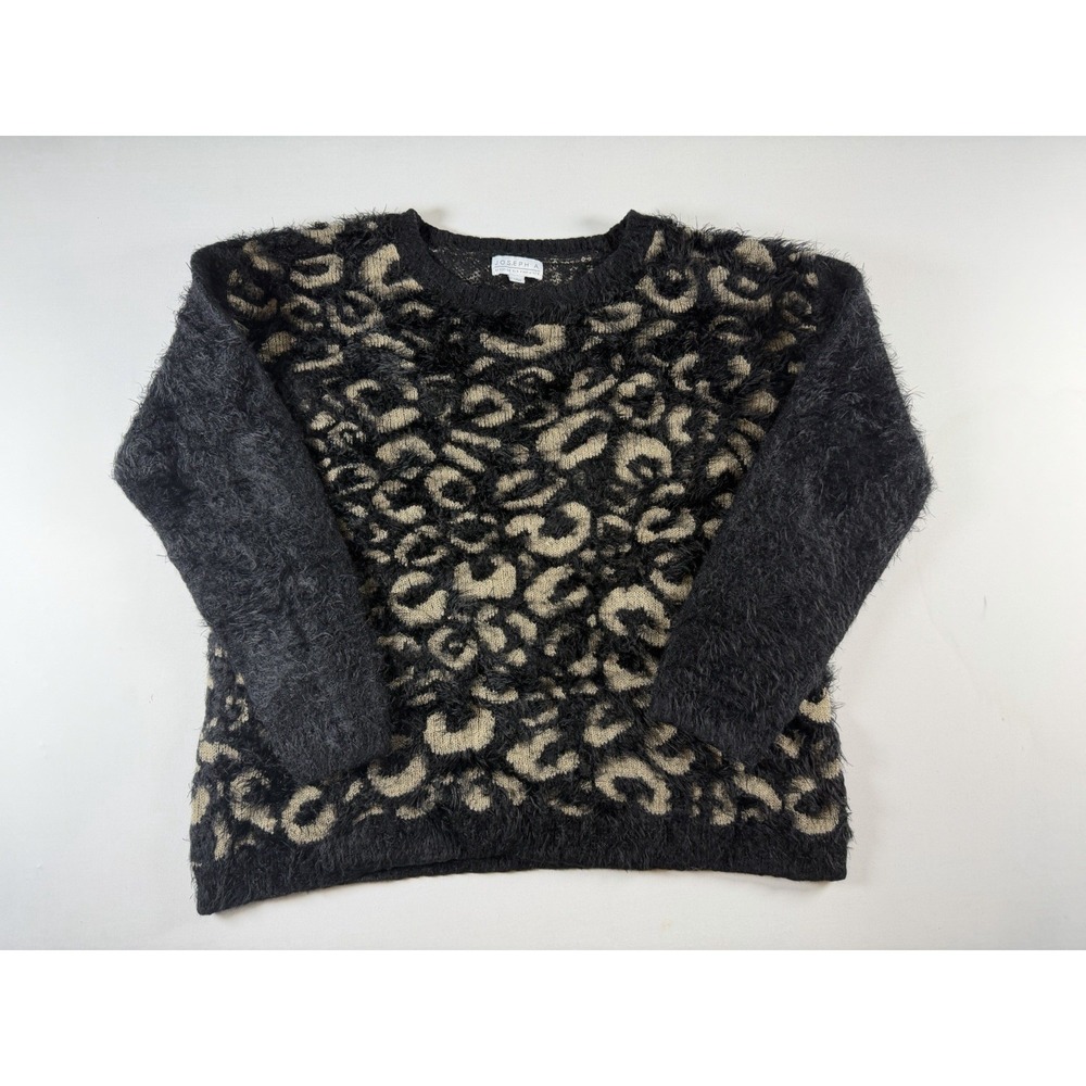 Joseph A. Women Pullover Eyelash Sweater Lg Long Sleeve Black Tan Leopard Fuzzy